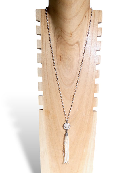 Long Wire-Wrapped Pearl Necklace with Pearl Tassel