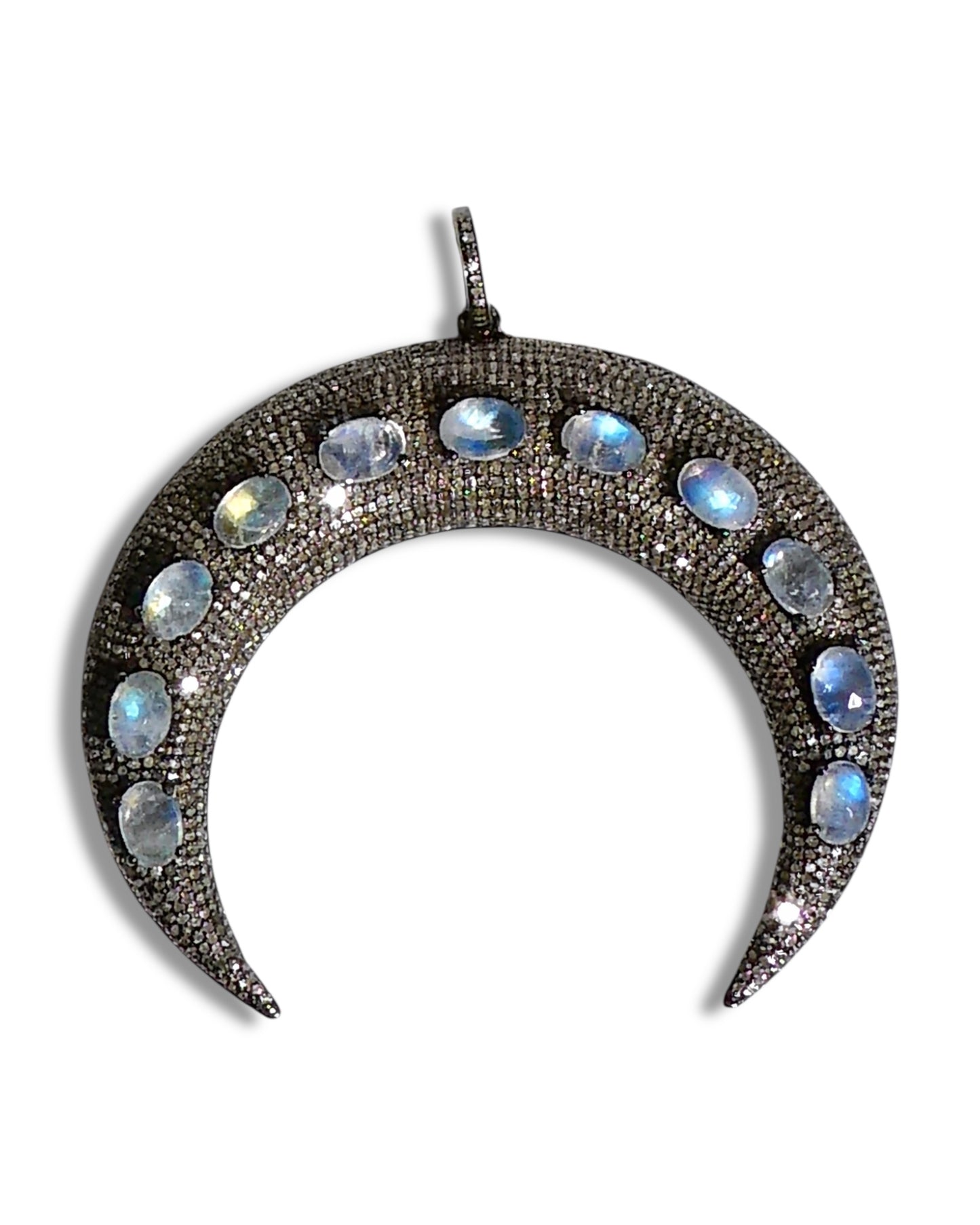 Pavé Black Diamond Crescent Pendant with Moonstones