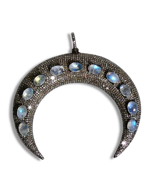 Pavé Black Diamond Crescent Pendant with Moonstones