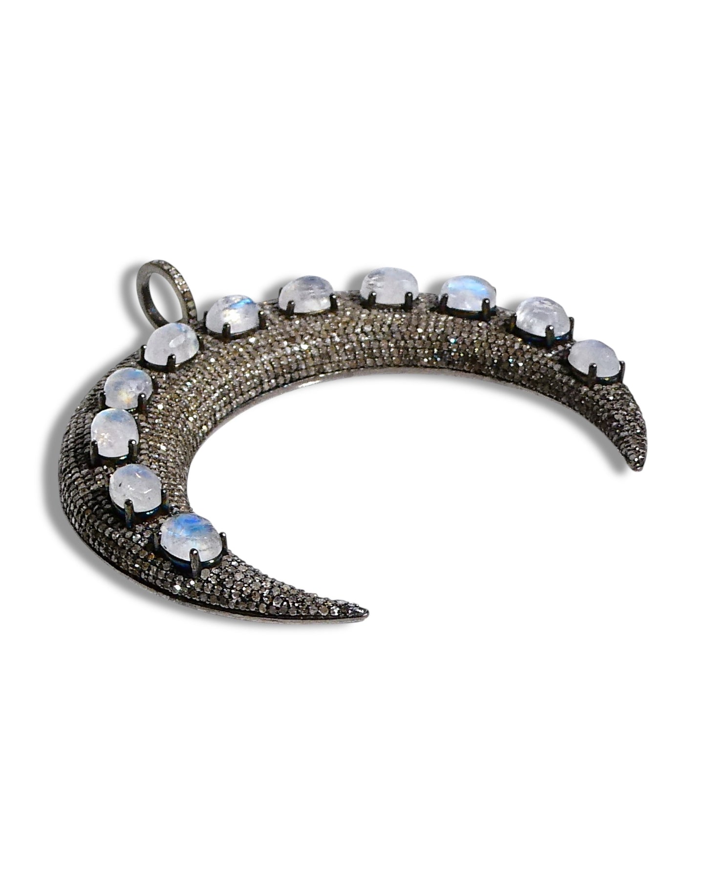 Pavé Black Diamond Crescent Pendant with Moonstones