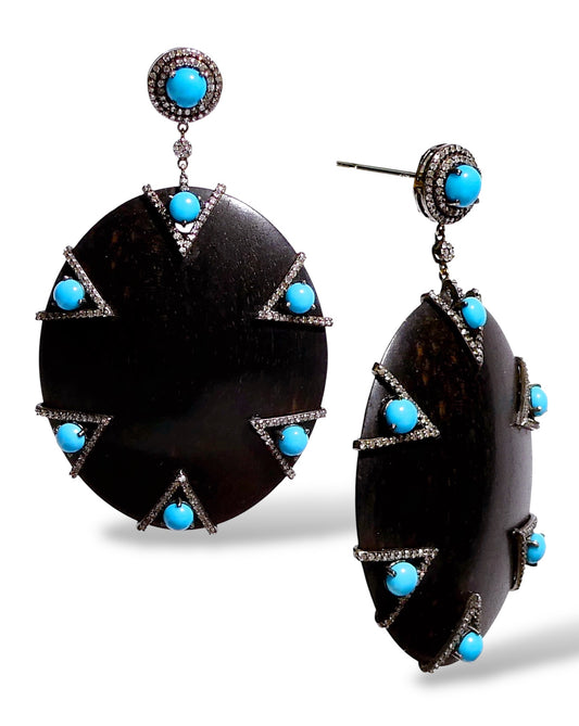 Wooden Drop Earrings with Turquoise and Black Diamonds