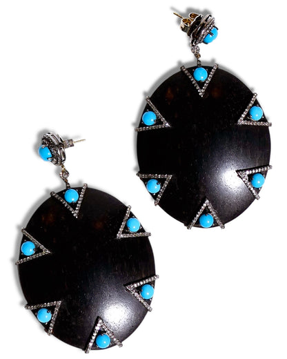 Wooden Drop Earrings with Turquoise and Black Diamonds