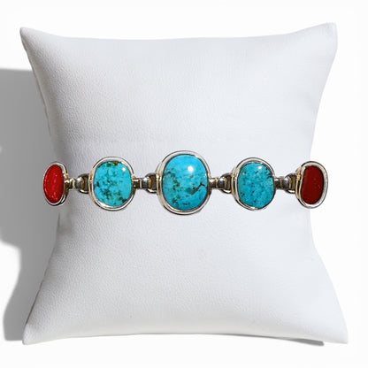 Turquoise and Red Coral Link Bracelet