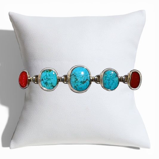 Turquoise and Red Coral Link Bracelet
