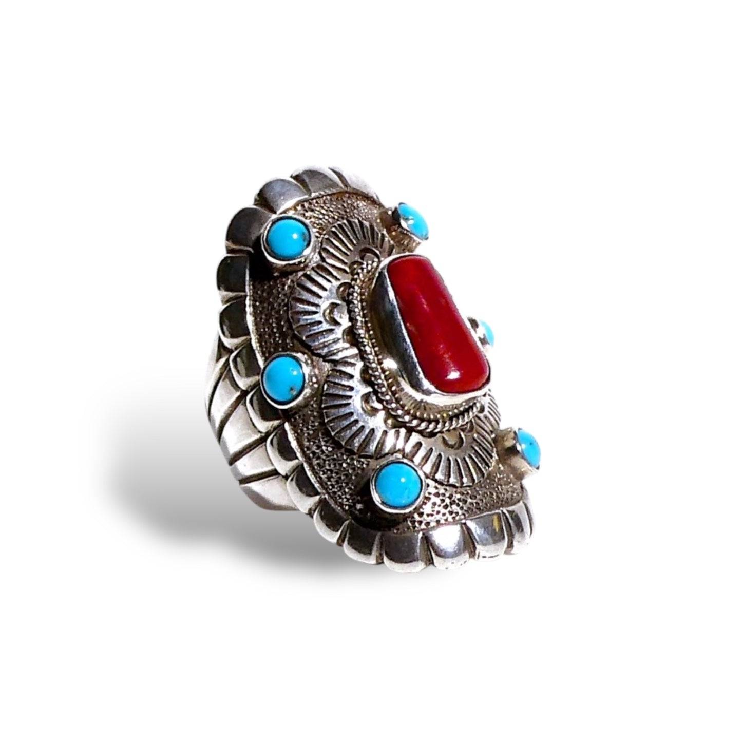 Red Coral and Turquoise Statement Ring