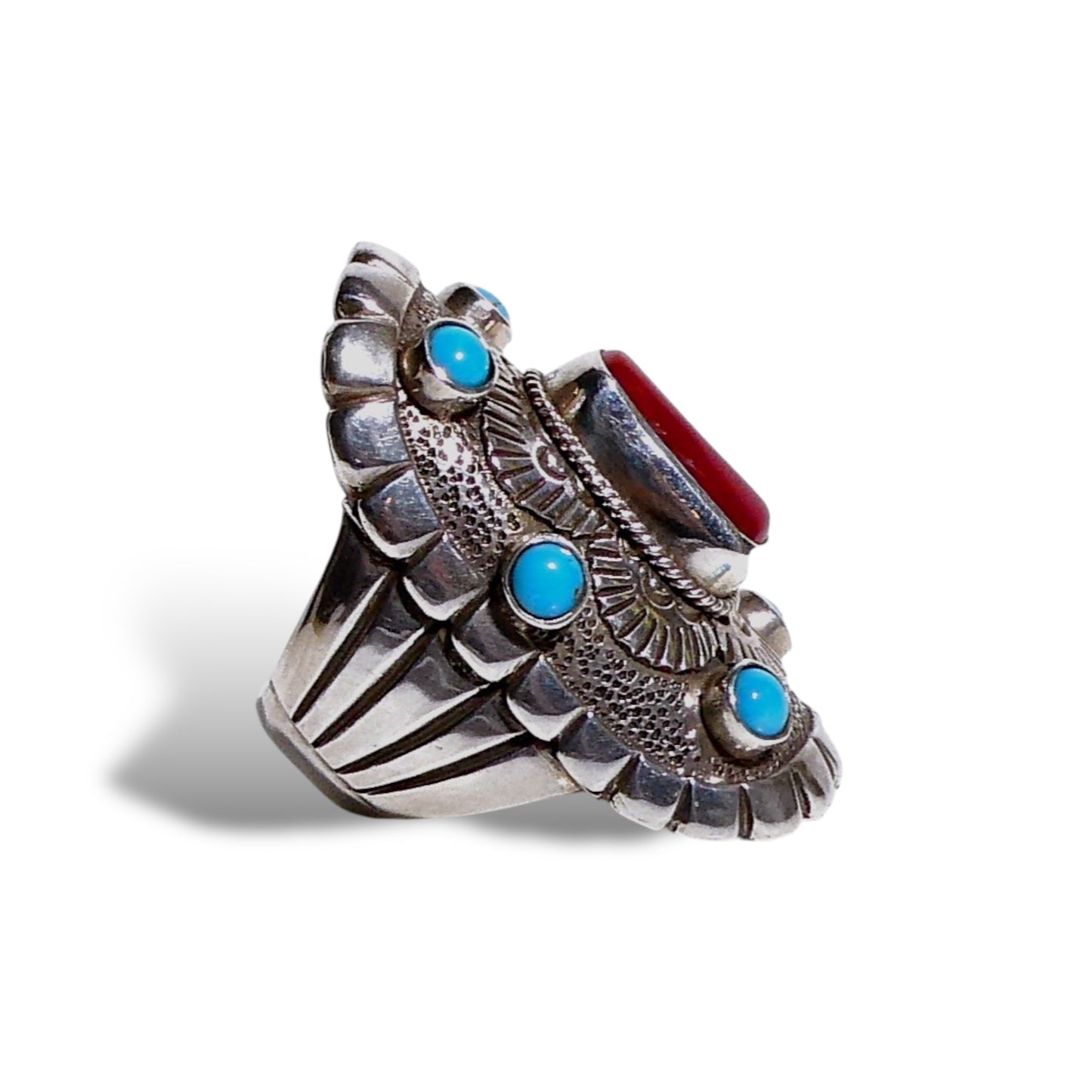 Red Coral and Turquoise Statement Ring