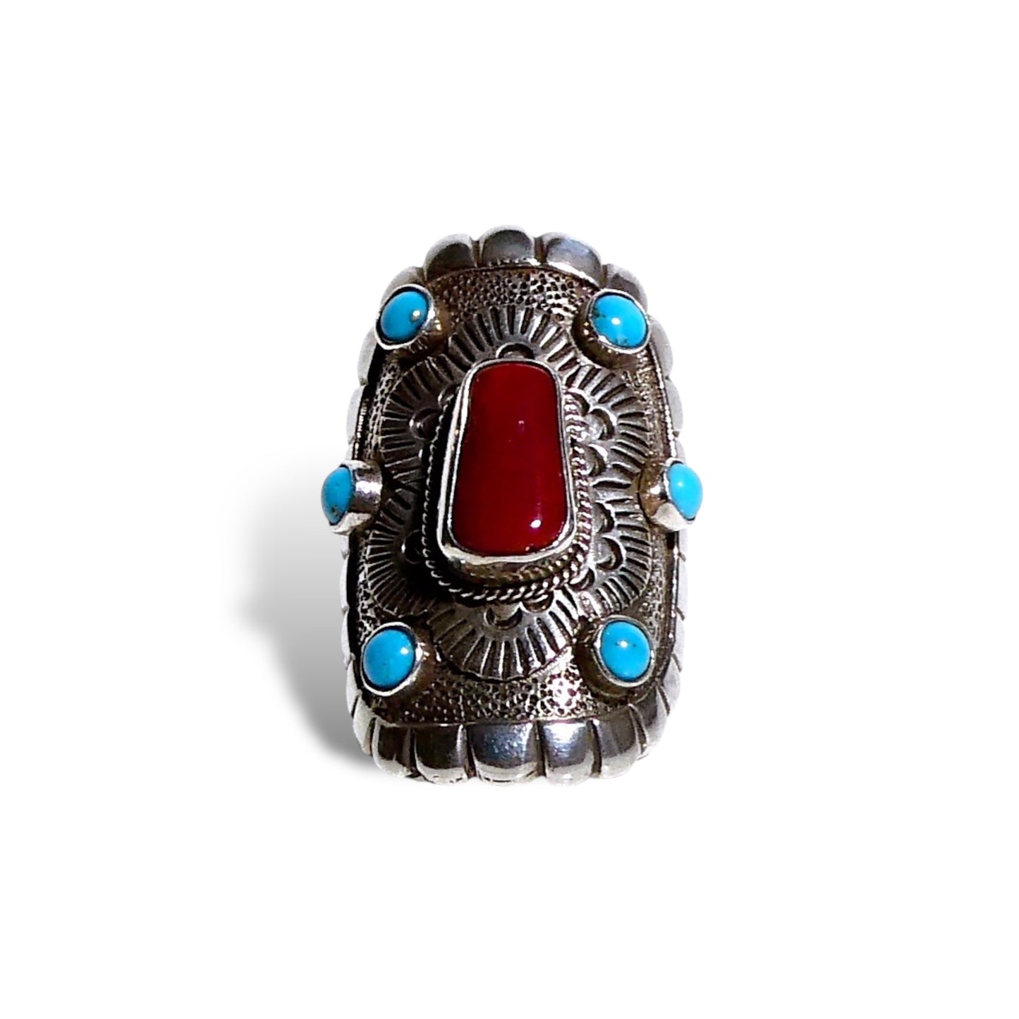 Red Coral and Turquoise Statement Ring