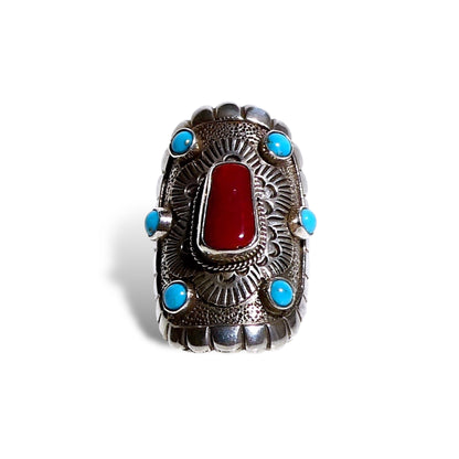 Red Coral and Turquoise Statement Ring