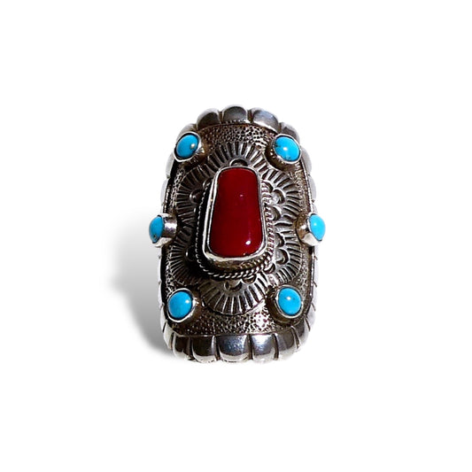 Red Coral and Turquoise Statement Ring