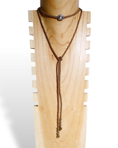 Long Natural Pyrite Beaded Lariat with Pave Centerpiece Bead