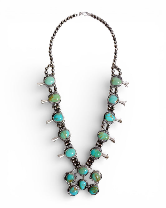 Natural Turquoise Cluster Squash Blossom Necklace in Sterling Silver