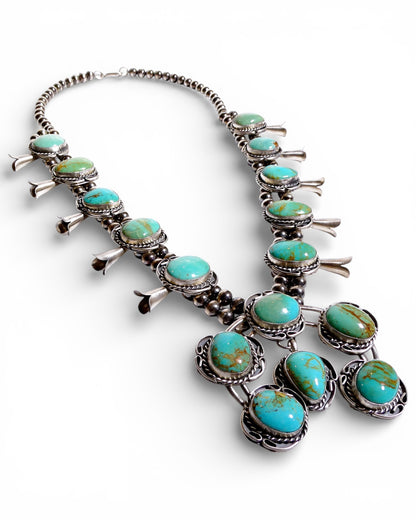 Natural Turquoise Cluster Squash Blossom Necklace in Sterling Silver