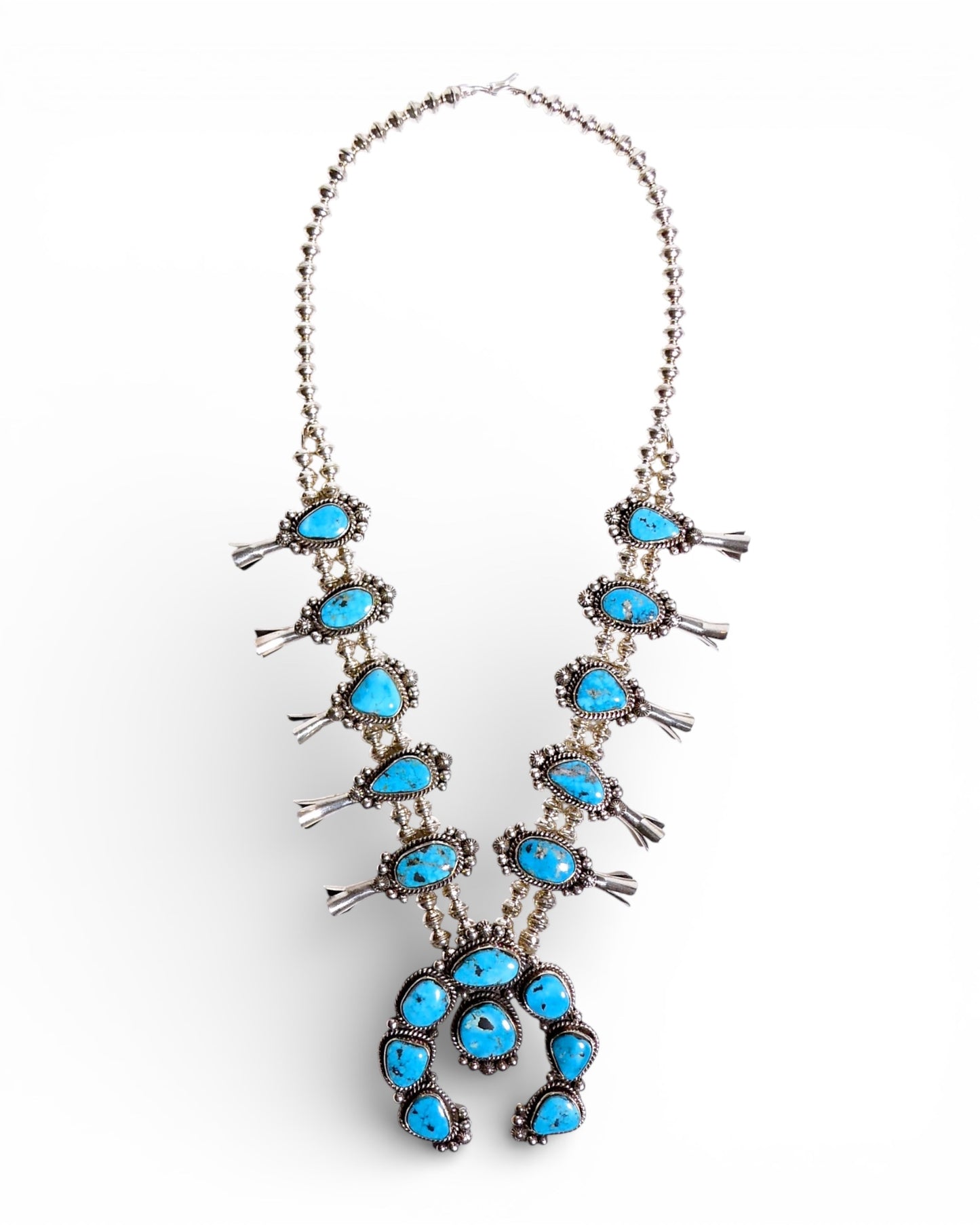 Bright Blue Turquoise Squash Blossom Necklace in Sterling Silver