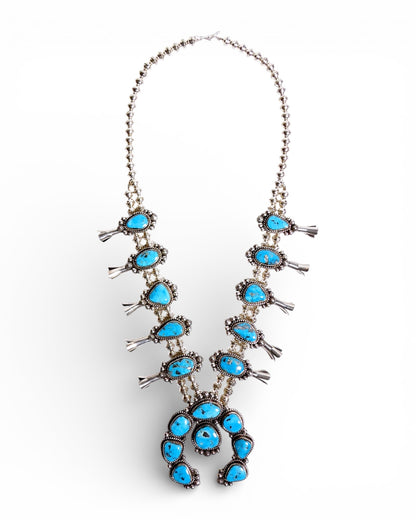 Bright Blue Turquoise Squash Blossom Necklace in Sterling Silver