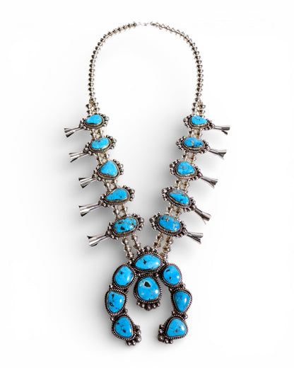 Bright Blue Turquoise Squash Blossom Necklace in Sterling Silver