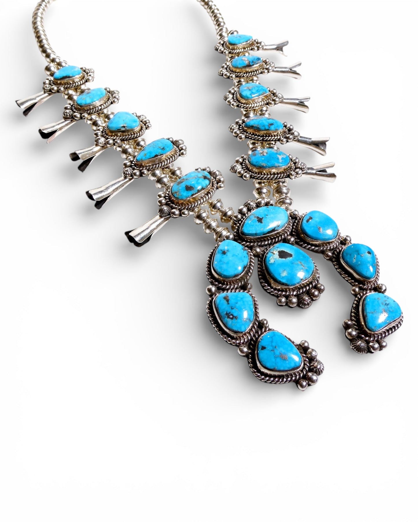 Bright Blue Turquoise Squash Blossom Necklace in Sterling Silver