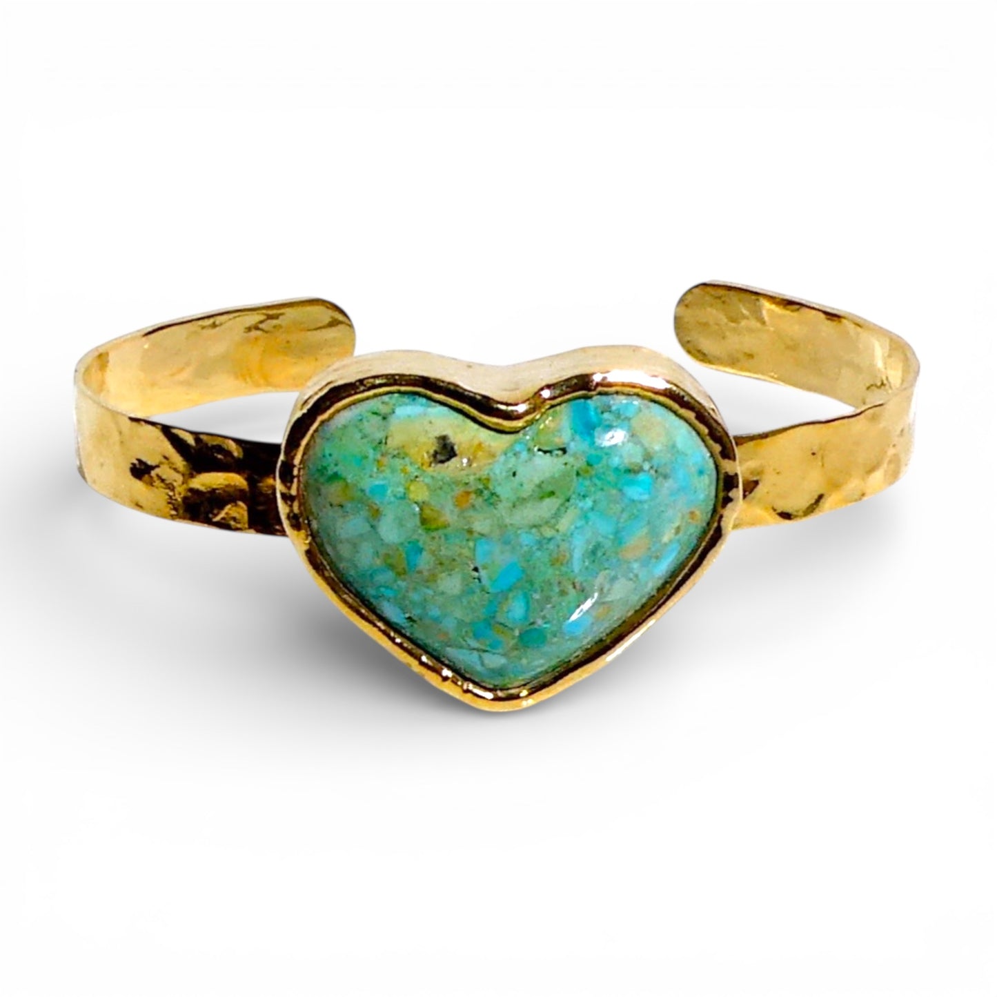 Green Turquoise Heart Hammered Gold Cuff Bracelet