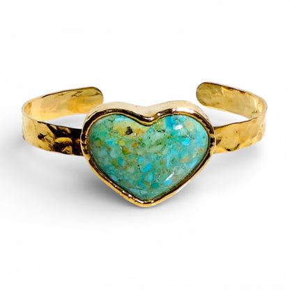 Green Turquoise Heart Hammered Gold Cuff Bracelet