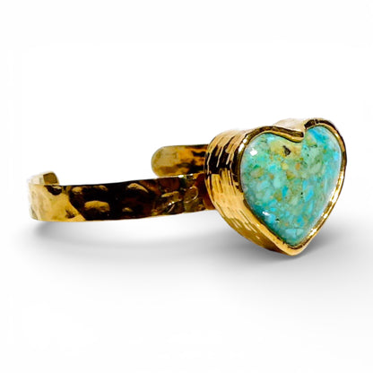 Green Turquoise Heart Hammered Gold Cuff Bracelet
