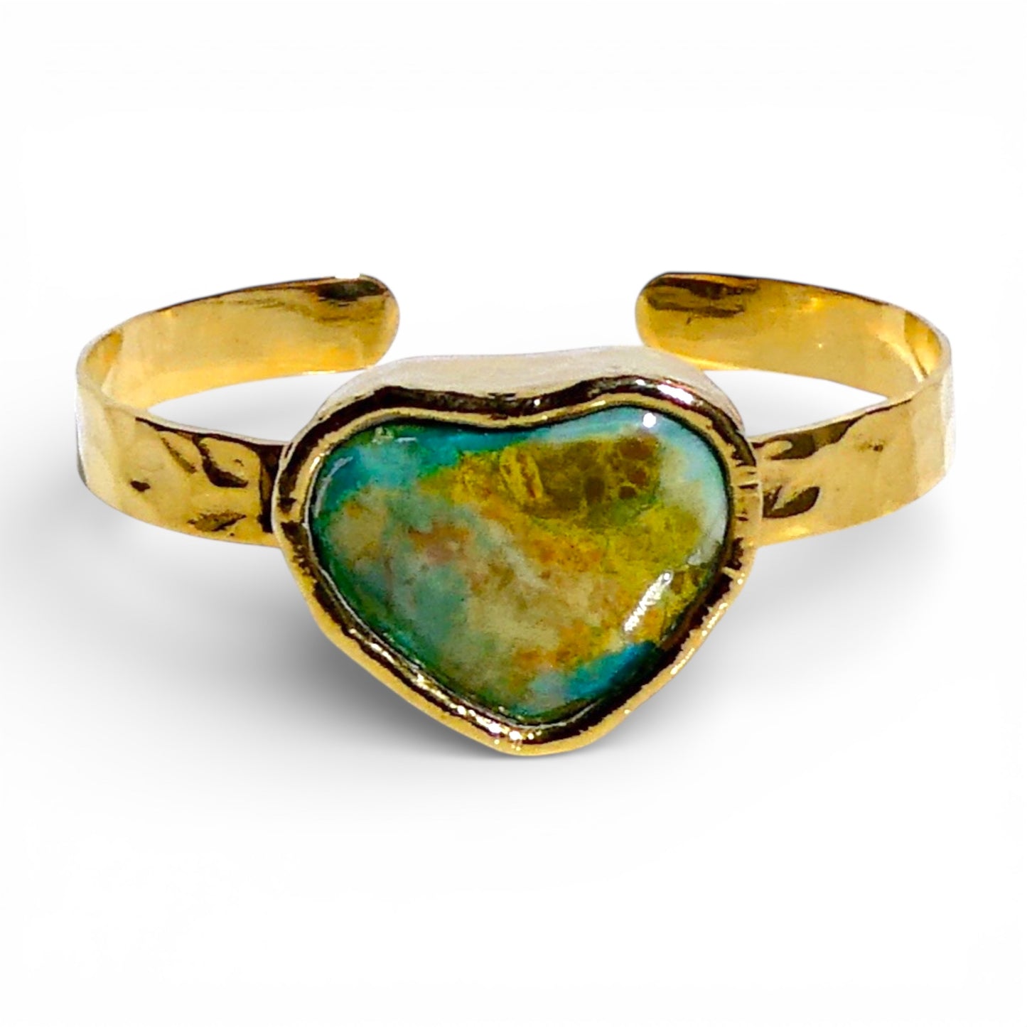 Heart-Shaped Chrysocolla Hammered Gold Cuff Bracelet
