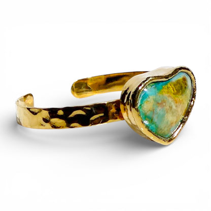 Heart-Shaped Chrysocolla Hammered Gold Cuff Bracelet