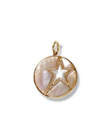 NEW 14K Gold & Diamond Round Mother of Pearl Shooting Star Pendant