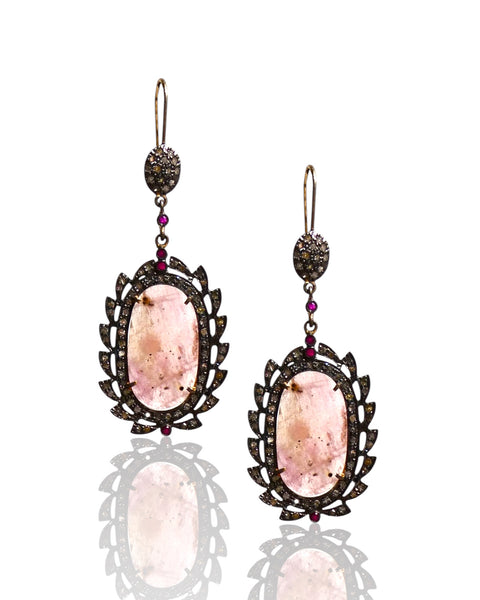 NEW Pink Sapphire Drop Earrings with Black Diamonds