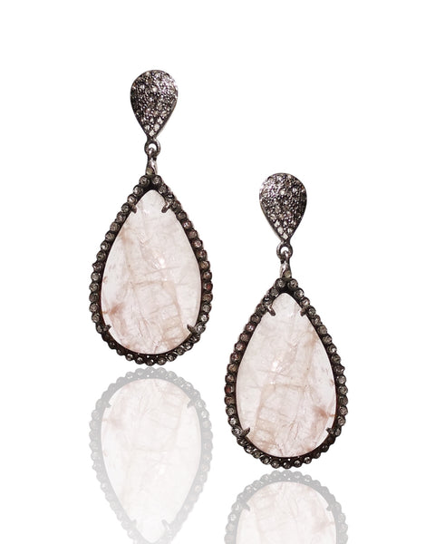 NEW Sliced Pink Sapphire Teardrop Earrings with Black Diamonds