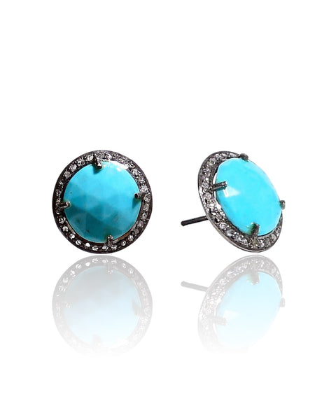 NEW Small Natural Turquoise and Black Diamond Stud Earrings