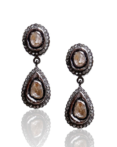 NEW Small Sliced Raw Diamond Drop Earrings with Black Diamonds