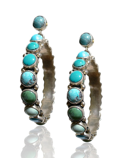 NEW Natural Turquoise Sterling Silver Dangle Hoop Earrings