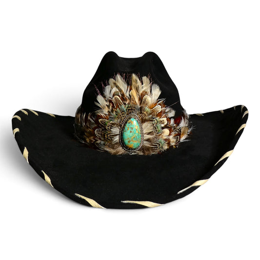 Black Hat with Feather and Turquoise Band