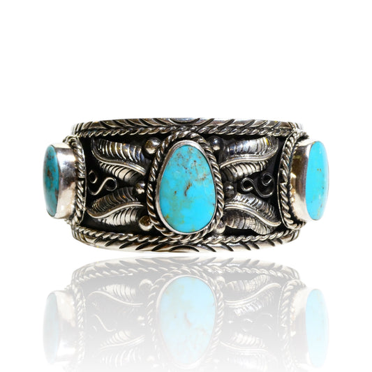 NEW Triple Turquoise Stone Etched Sterling Silver Cuff