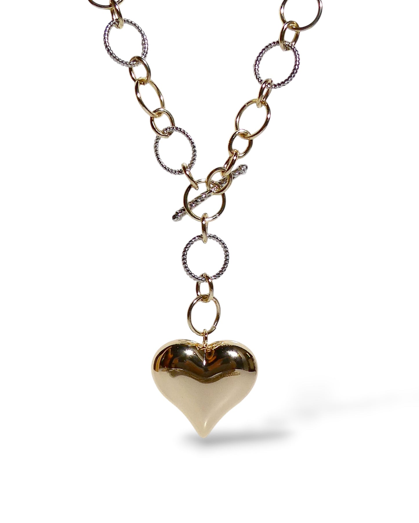 Puffy Gold Heart Two-Tone Toggle Necklace
