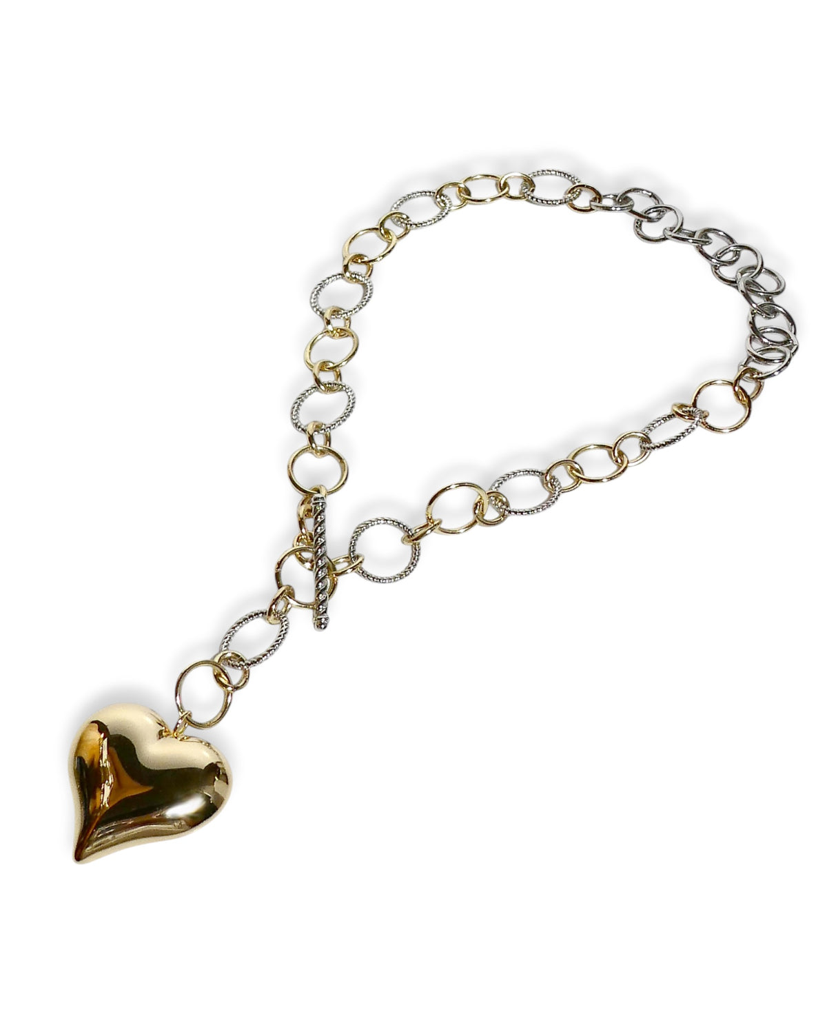 Puffy Gold Heart Two-Tone Toggle Necklace