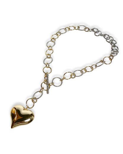 Puffy Gold Heart Two-Tone Toggle Necklace