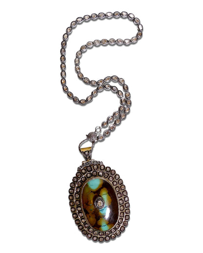 NEW Turquoise and Fire Agate Medallion with Sliced Diamond Chain Necklace
