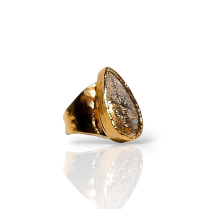 Teardrop Feather Pyrite Statement Ring