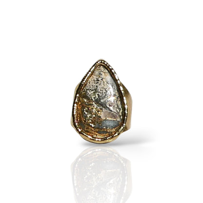 Teardrop Feather Pyrite Statement Ring