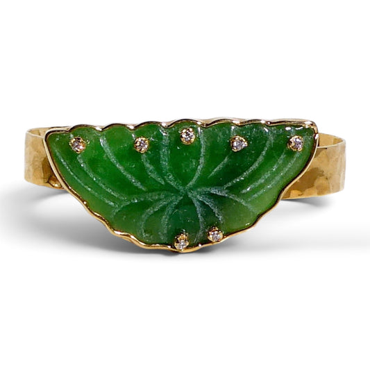 Natural Carved Jade Lotus & White Zircon Cuff Bracelet