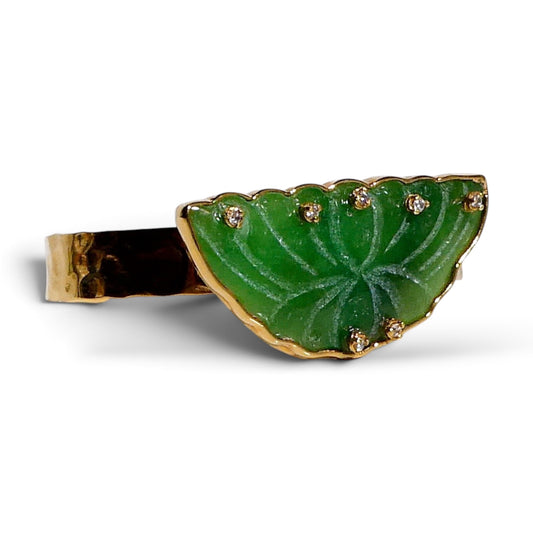 Natural Carved Jade Lotus & White Zircon Cuff Bracelet