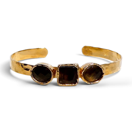 Natural Smoky Quartz Three-Stone Cuff Bracelet