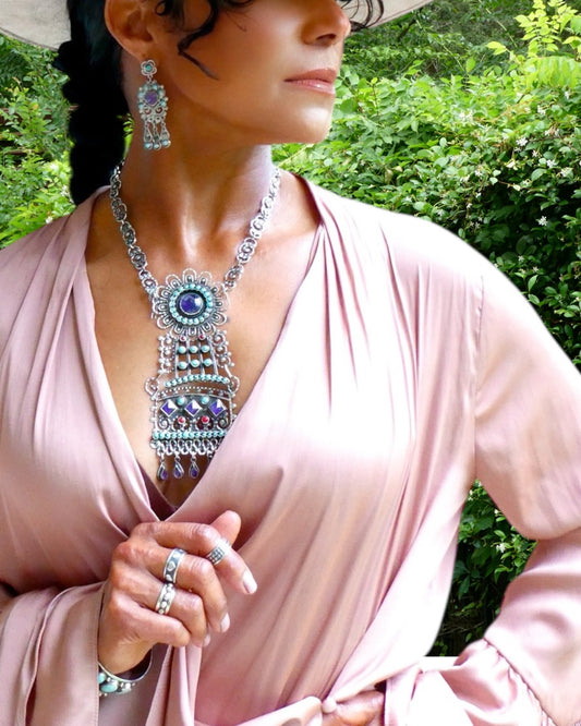 Sterling Silver Turquoise and Amethyst Statement Necklace