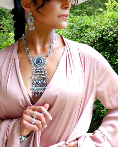 Sterling Silver Turquoise and Amethyst Statement Necklace