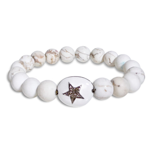 NEW White Howlite Beaded Bracelet with Pave Star Centerpiece