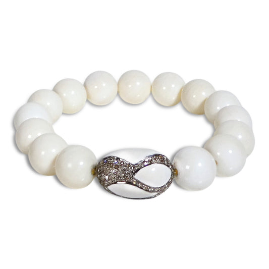 NEW White Jade Beaded Bracelet with Pave Centerpiece