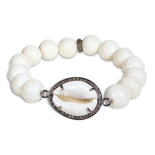 NEW White Jade Beaded Bracelet with Pave Shell