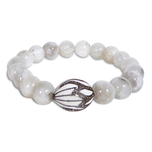 NEW White Lace Agate Bracelet with Pave Centerpiece