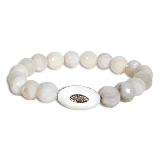 NEW White Moonstone Beaded Bracelet with Pave Diamond Centerpiece