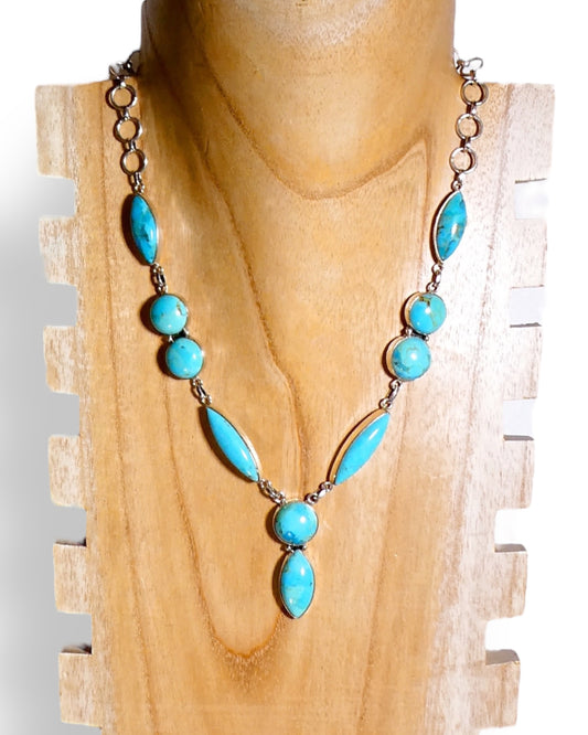 NEW Sterling Silver and Turquoise Necklace with Marquise and Round Stones